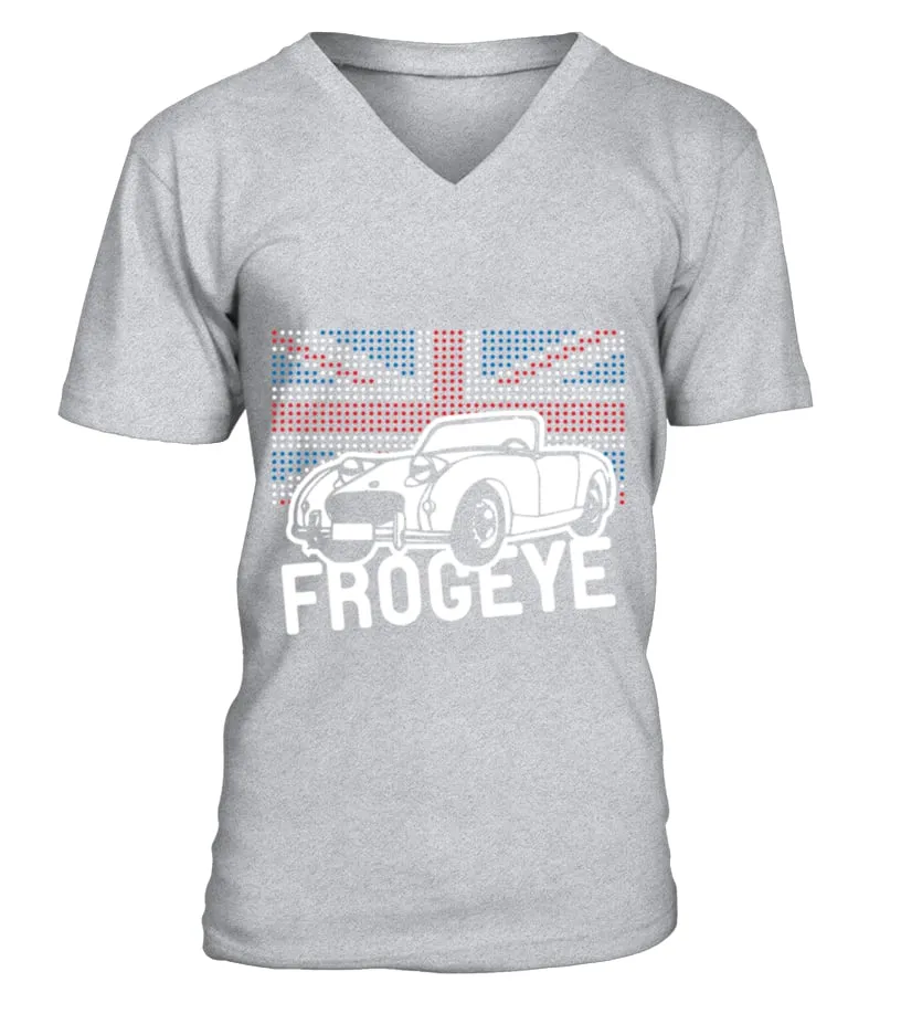 AUSTIN HEALEY FROGEYE SPRITE MK1 UNION JACK ILLUSTRATION AND TEXT TSHIRT CAMISETA CUELLO EN V UNISEX