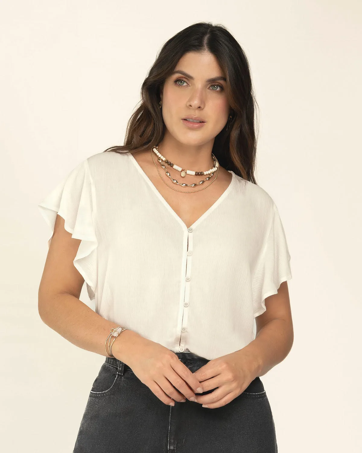 Blusa manga corta con perilla funcional y boleros en mangas