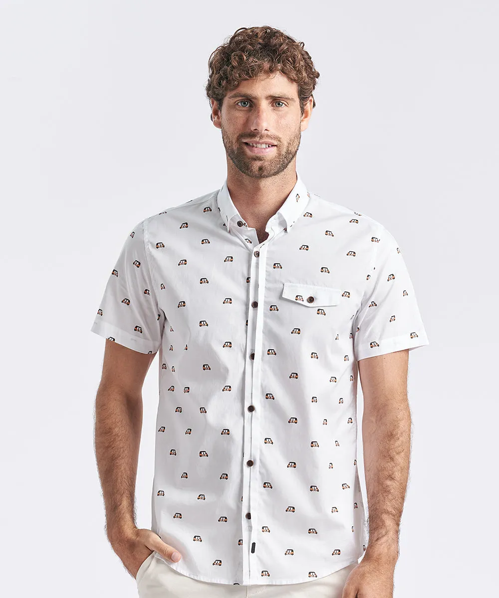 CAMISA MANGA CORTA MEDIA PECHERA OCULTA ESTAMPADA CLASSIC FIT BLANCO ESTAMPADO PV24