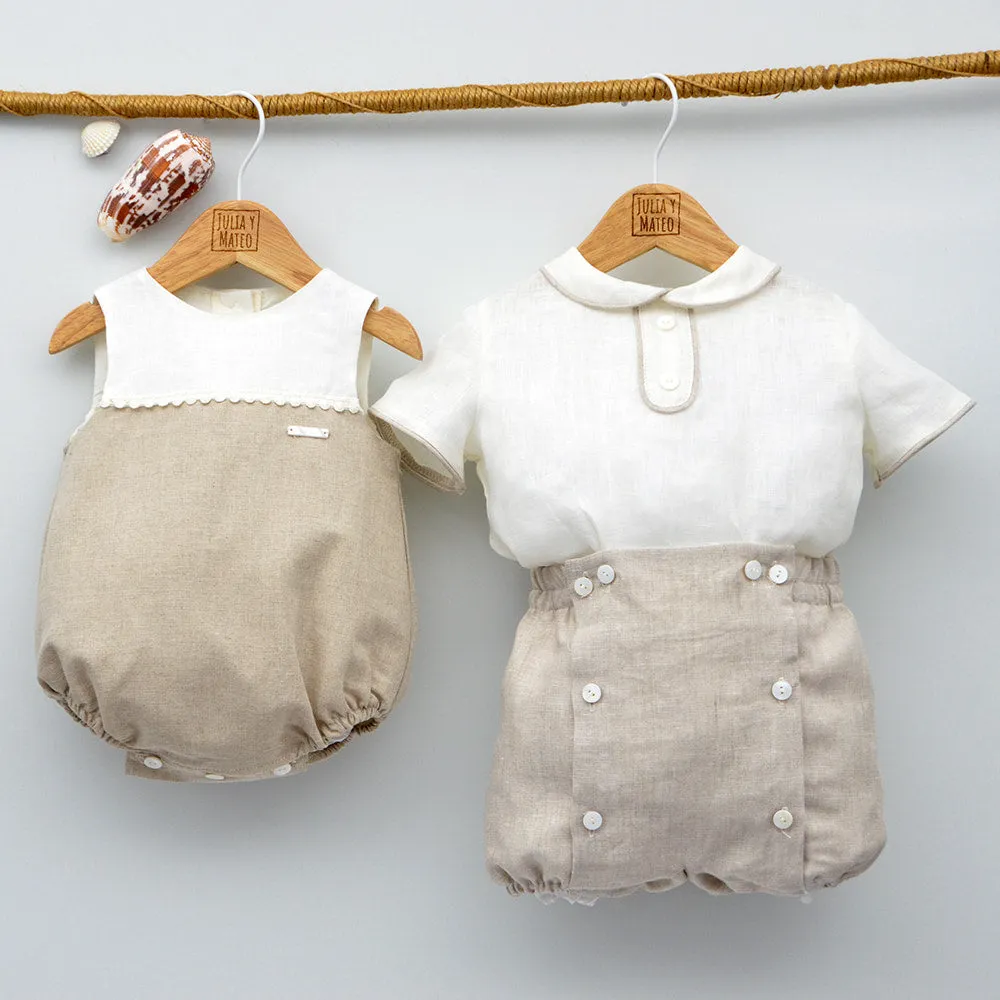 Conjunto lino Leo con camisa cuello Mao, pajarita, tirantes y pantalón con Fajín