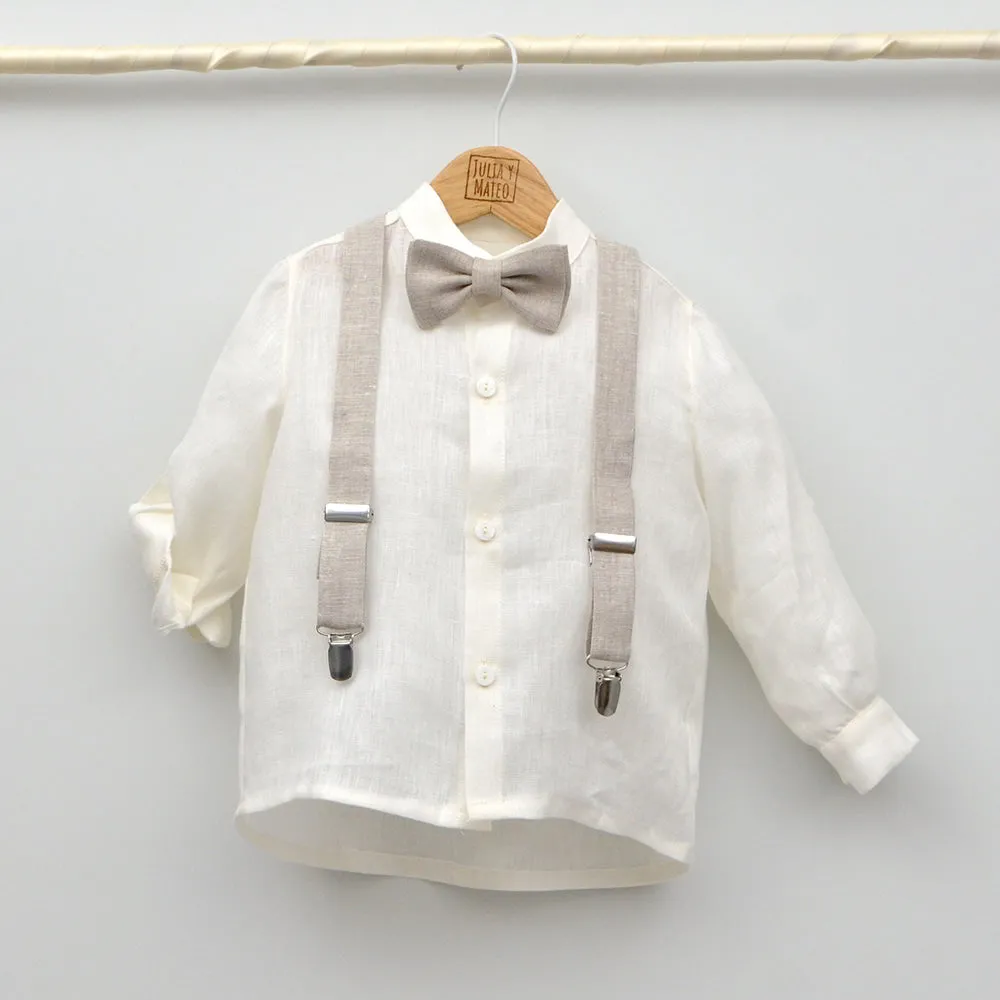 Conjunto lino Leo con camisa cuello Mao, pajarita, tirantes y pantalón con Fajín