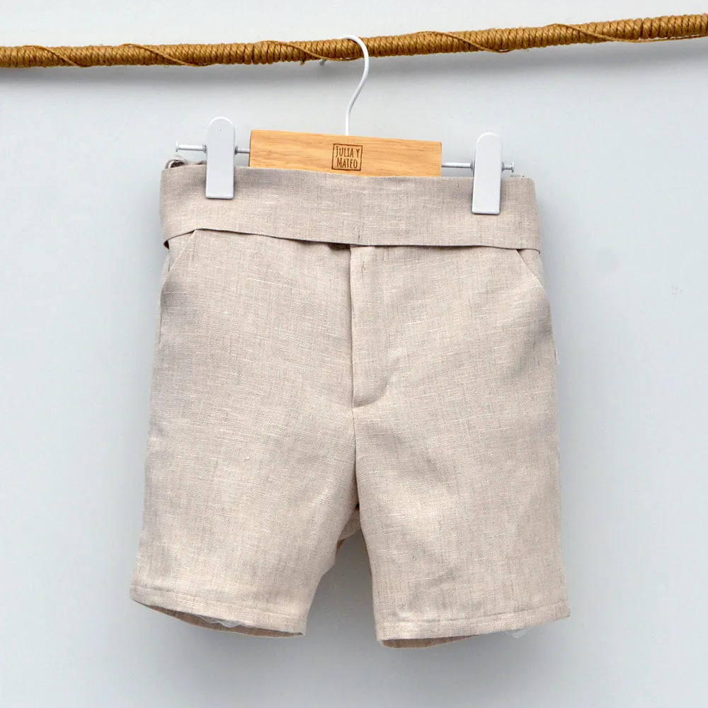 Conjunto lino Leo con camisa cuello Mao, pajarita, tirantes y pantalón con Fajín