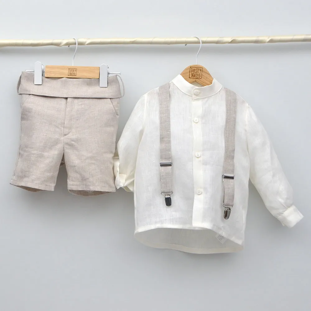 Conjunto lino Leo con camisa cuello Mao, pajarita, tirantes y pantalón con Fajín