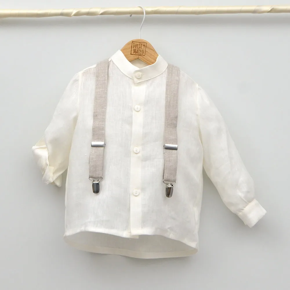 Conjunto lino Leo con camisa cuello Mao, pajarita, tirantes y pantalón con Fajín
