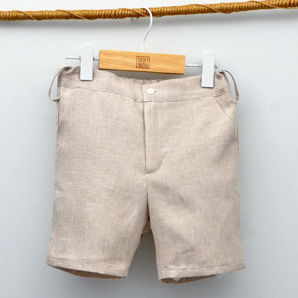 Conjunto lino Leo con camisa cuello Mao, pajarita, tirantes y pantalón con Fajín