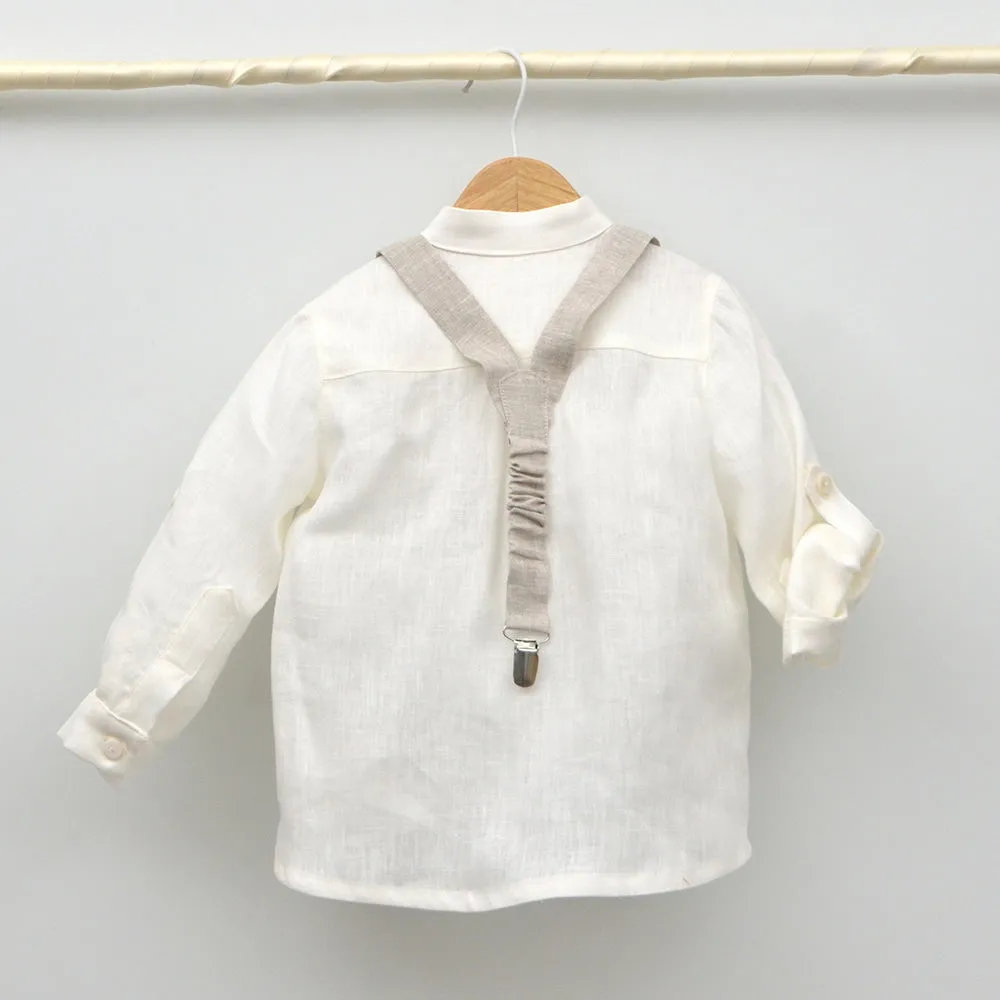 Conjunto lino Leo con camisa cuello Mao, pajarita, tirantes y pantalón con Fajín