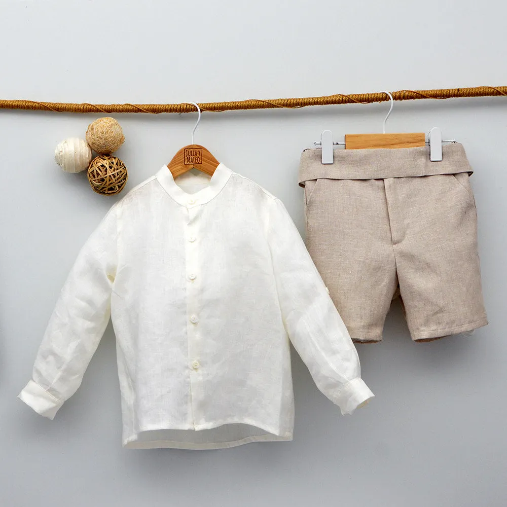 Conjunto lino Leo con camisa cuello Mao, pajarita, tirantes y pantalón con Fajín