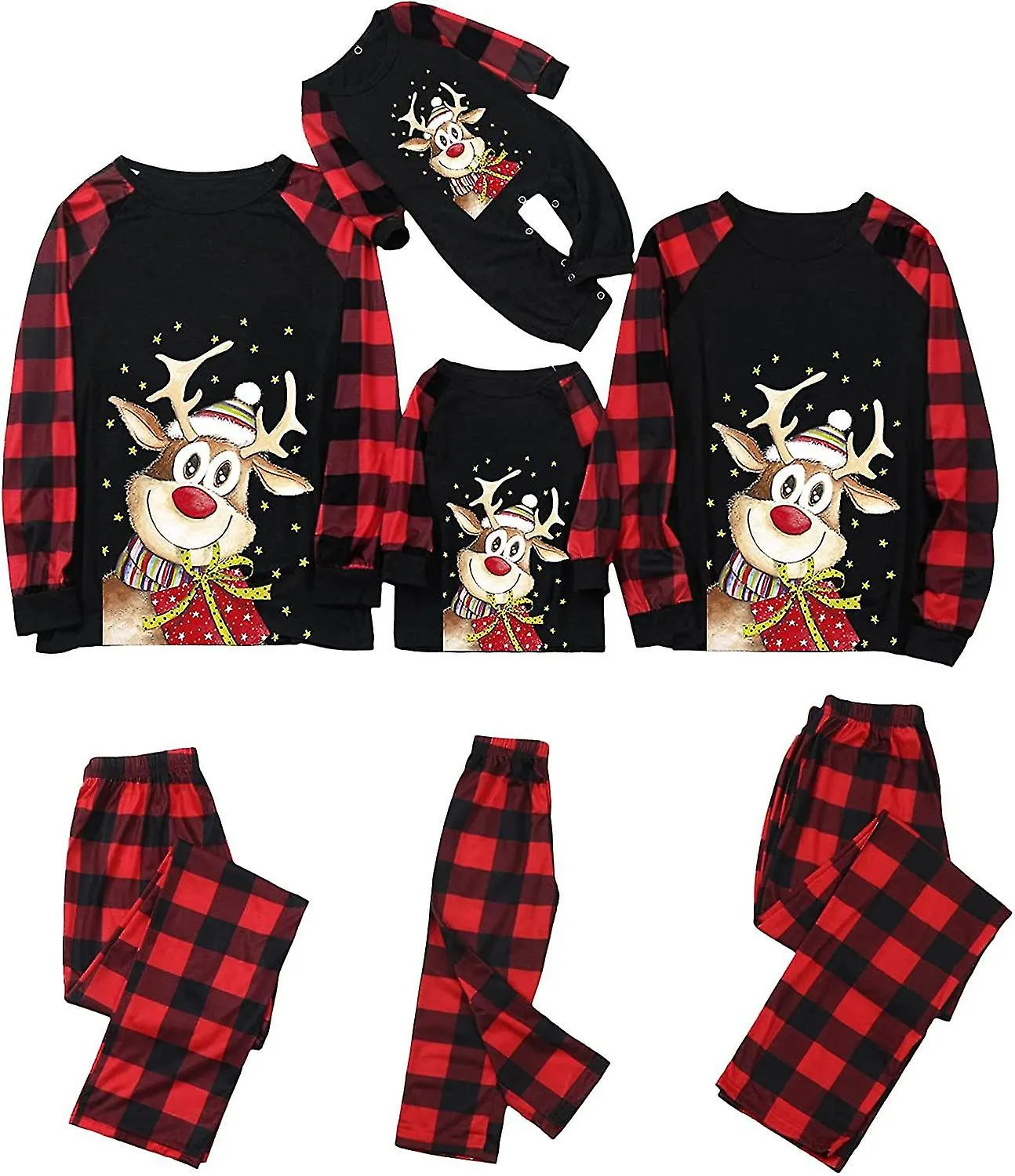 Conjuntos de pijamas familiares a juego Navidad Pj's Long Sleeve And Santa Plaid Pants Loungewear Holiday Sleepwear