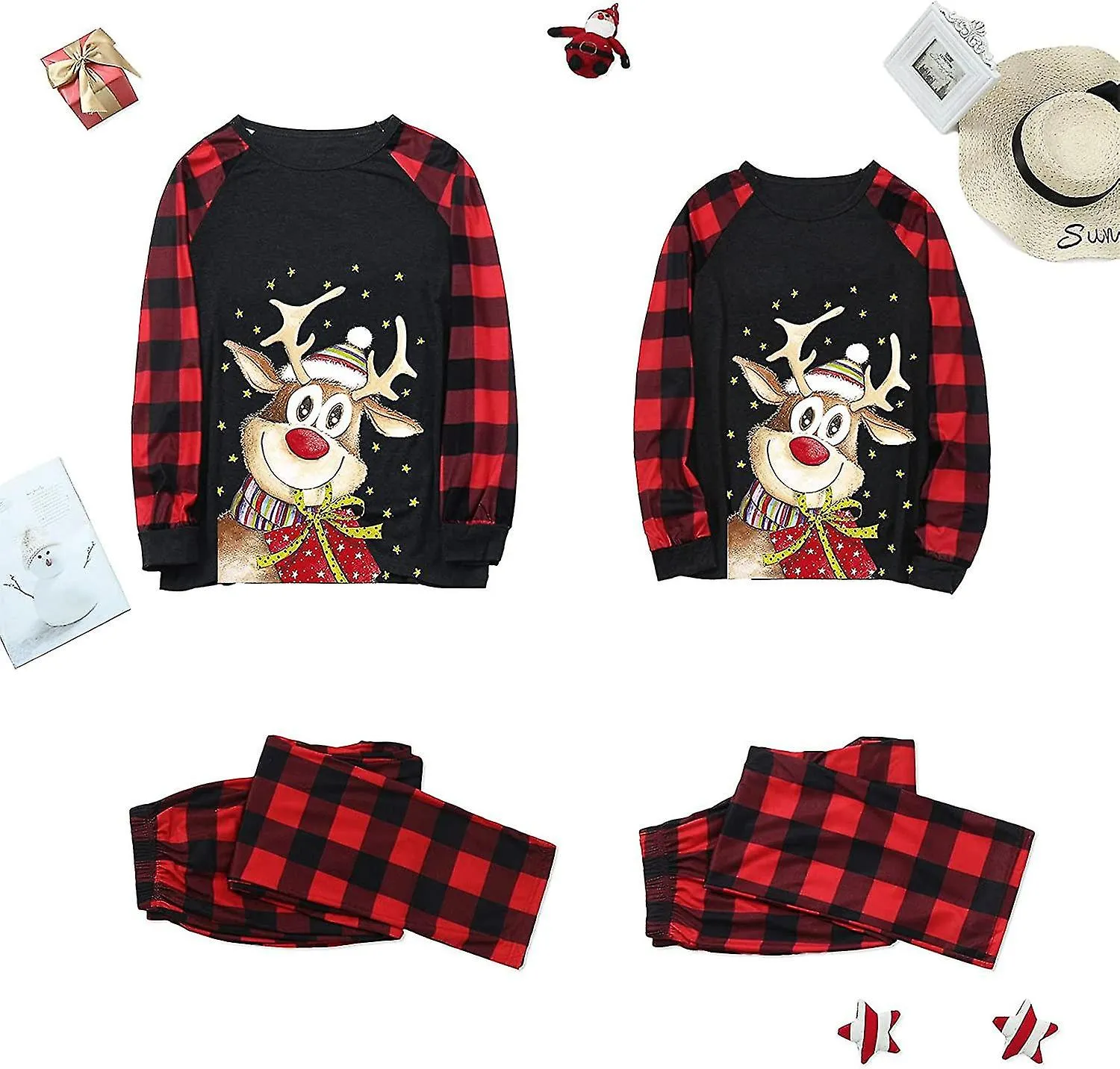 Conjuntos de pijamas familiares a juego Navidad Pj's Long Sleeve And Santa Plaid Pants Loungewear Holiday Sleepwear
