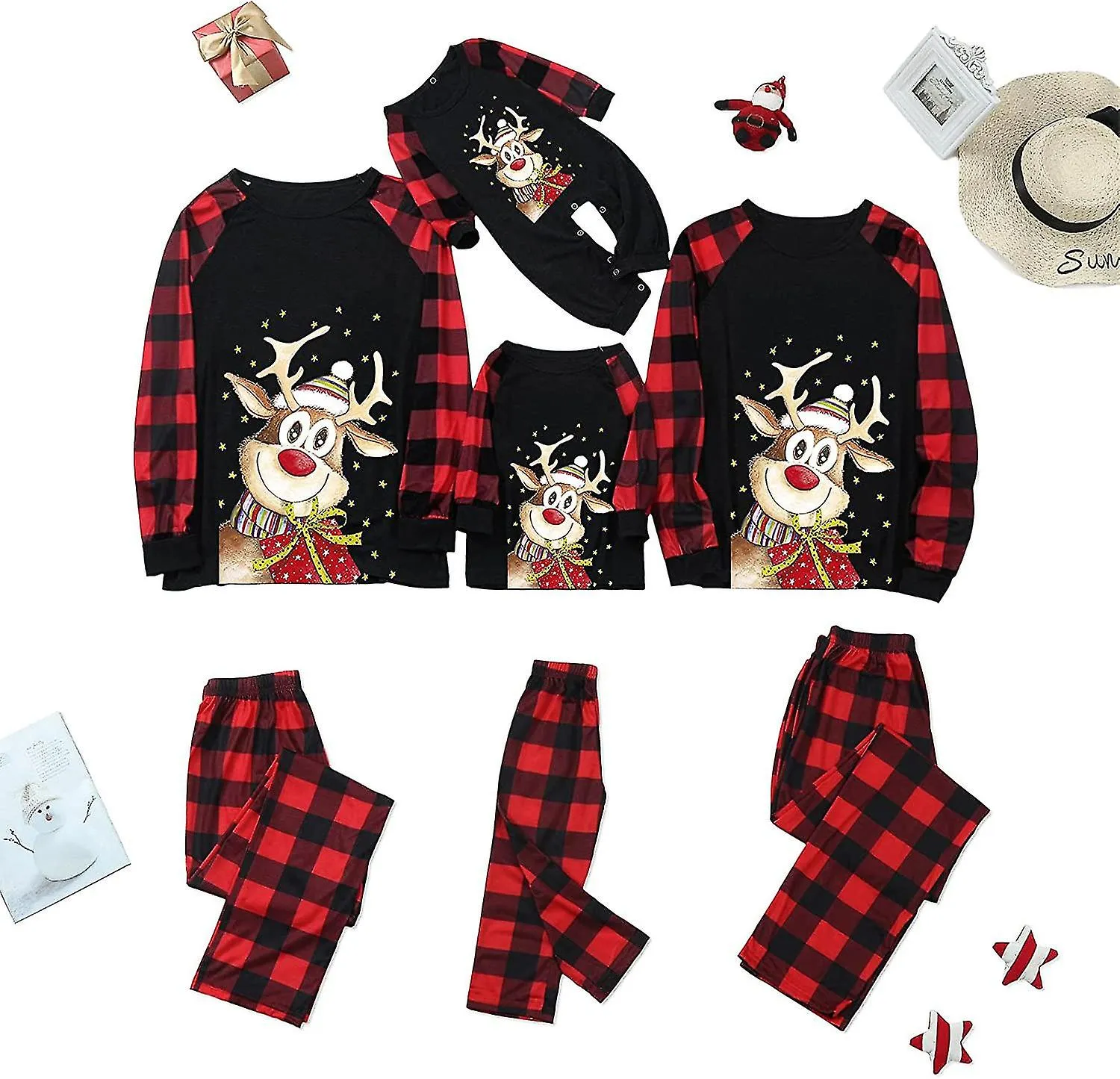 Conjuntos de pijamas familiares a juego Navidad Pj's Long Sleeve And Santa Plaid Pants Loungewear Holiday Sleepwear