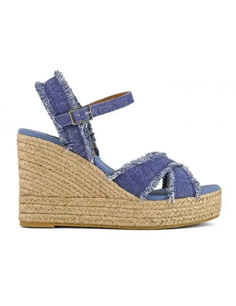 Cuña de yute en denim con flecos