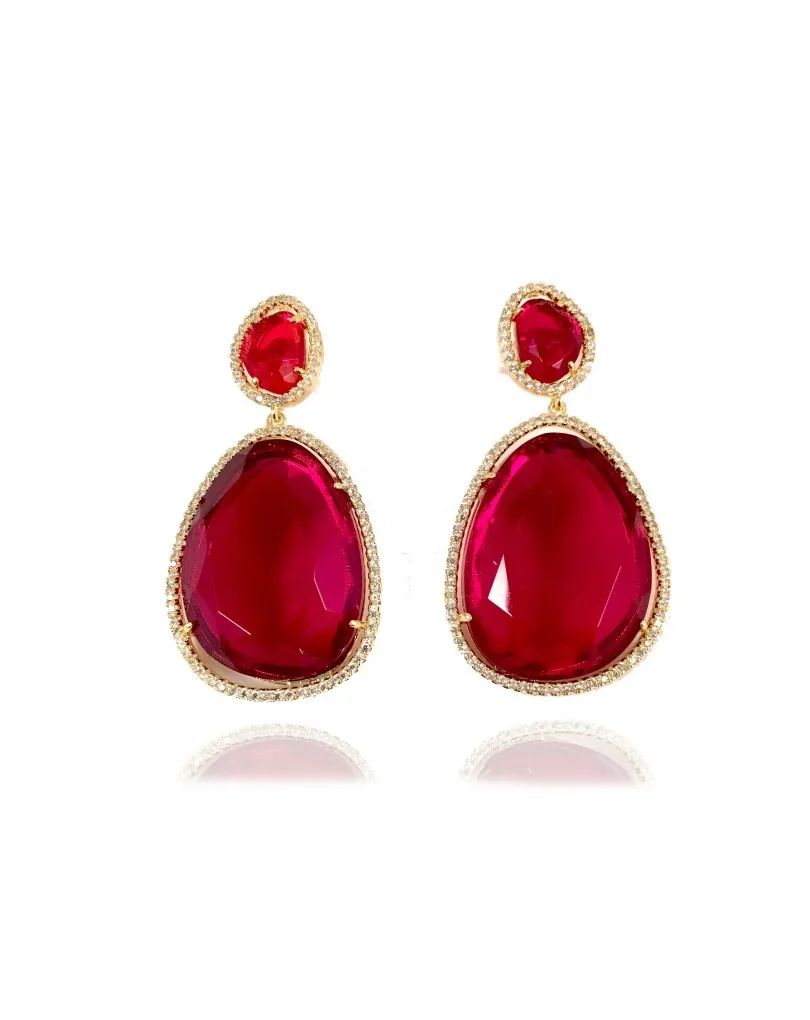 ELEGANTES PENDIENTES DE BISUTERIA FINA CON CIRCONITAS ENGASTADAS COLOR ROJO