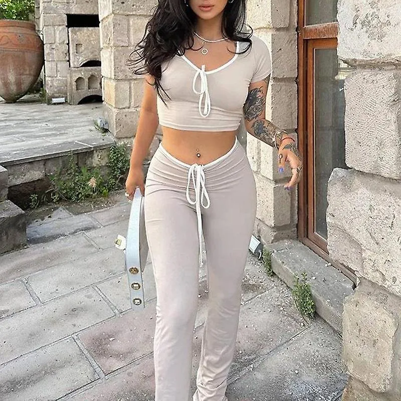 Pantalones casuales con cintura en V con lazo liso Y2k Streetwear para mujer con ribete en contraste