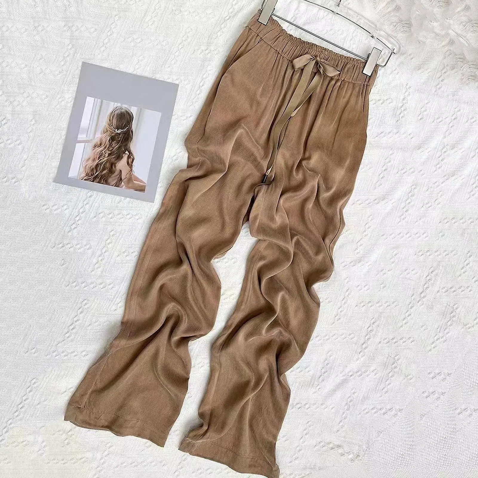 Pantalones casuales para mujer Color liso seda hielo Pantalones rectos de pierna ancha Cintura elástica Cordón fino Pantalones d