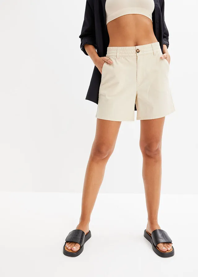 Pantalón corto de tiro alto de sarga gris guijarro