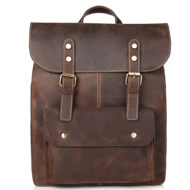 Retro Leather Double Buckle British Style Large School Backpack Leisure Handmade Travel Rucksack 