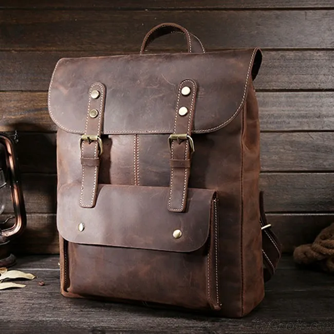 Retro Leather Double Buckle British Style Large School Backpack Leisure Handmade Travel Rucksack 