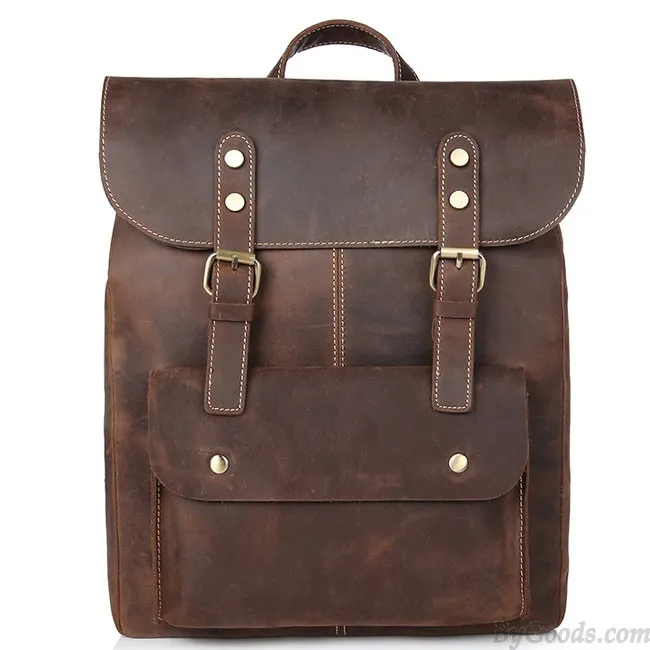 Retro Leather Double Buckle British Style Large School Backpack Leisure Handmade Travel Rucksack 