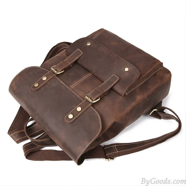 Retro Leather Double Buckle British Style Large School Backpack Leisure Handmade Travel Rucksack 
