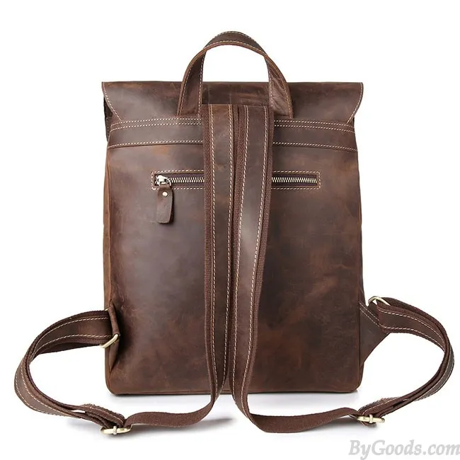 Retro Leather Double Buckle British Style Large School Backpack Leisure Handmade Travel Rucksack 