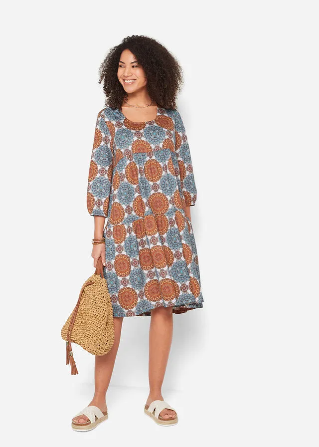 Vestido camisero de mangas 3/4 con estampado Azul con patrón Paisley